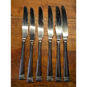 Set of 6 Stainless Steel Dinner Knives Rope Cable Border Pattern Serrated Blade